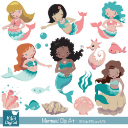 Mermaid Digital Bundle - Clipart and Paper Pack ...
