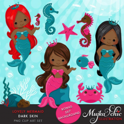 Mermaid clipart. Lovely Little Mermaid Clipart Dark Skin & Under sea  graphics. African american, undersea illustrations, cute mermaids.