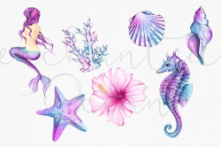Mermaid Clipart Watercolor Sea Underwater Illustration ...