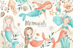 Mermaids Watercolor Clipart Digital Download