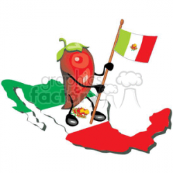 red chile pepper holding a mexican flag standing on a map of mexico  clipart. Royalty-free clipart # 369817
