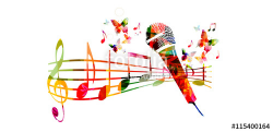 Colorful music background with microphone and music notes ...