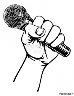 A fist hand holding a microphone or mic in a vintage ...