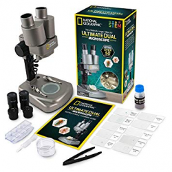 NATIONAL GEOGRAPHIC Dual LED Student Microscope – 50+ pc Science Kit  Includes Set of 10 Prepared Biological & 10 Blank Slides, Lab Shrimp  Experiment, ...