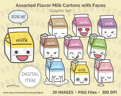 Colorful smiley icons of various flavored milk clip art, Multi color milk  carton packaging with cute face clipart, Fun graphics for crafting
