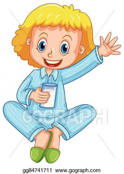 EPS Vector - Girl in blue pajamas drinking milk. Stock ...