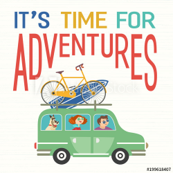 Time for adventure. Young happy travellers, dog pet take a ...