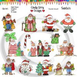 Christmas Santa Clipart Set. Holiday, Candy Cane, Santa Claus, Santa In  Seasons. Artwork by Cindy Urry.