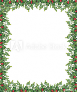 Christmas border with green mistletoe and holly branches ...