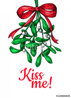 Kiss me under Mistletoe. Christmas card with decor plant ...