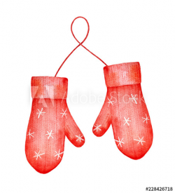 Cute knitted mittens, red colored with snowflake pattern ...