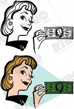 A smiling woman holds up a dollar bill vintage retro clipart ...