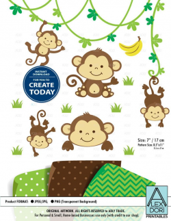 Monkey Clip art, Boy Monkey print, Safari kids clip art, Baby Monkey art,  png. Nursery decor, Baby Shower,birthday,neutral, commercial use