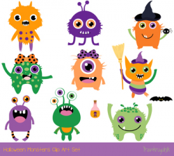 Cute Halloween monsters clipart, Silly ugly Halloween animal character alien