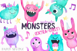 Watercolor Girly Monsters Clipart | Girl Monster Birthday Party - Cute Pink  Monsters - Girly Halloween Monsters - Instant Download PNG