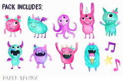 Watercolor Girly Monsters Clipart | Girl Monster Birthday ...