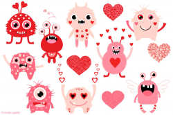 Valentine clipart, Valentine monsters clipart, Cute pink ...