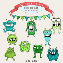Monster clip art set, cute whimsical monsters clipart, green ...