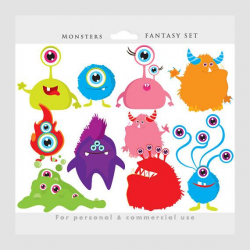 Monster clipart - monsters clip art, whimsical, cute, aliens, colorful,  characters, personal and commercial use for invitations scrapbooking