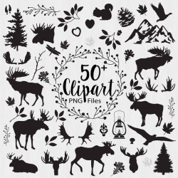 Woodland Clipart, Lumberjack clipart, Forest, Woods Wedding, Lodge clipart,  Silhouette png files, Moose Clipart