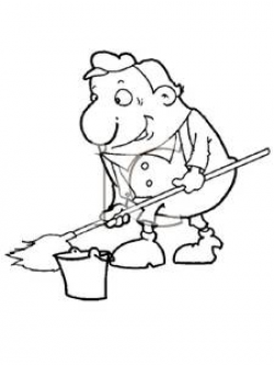 Clip Art Image: Coloring Page of a Janitor with a Mop and Bucket