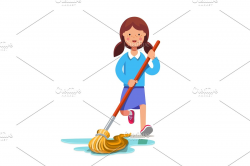 Kid cleaning floor with dust mop wet broom