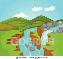 Vector Stock - Cute waterfal and mountain scenery cartoon on ...