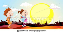 Clip Art Vector - Student in the morning go to school town ...