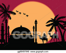 Vector Clipart - Bedouin with camels and mosque at night ...