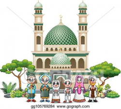 Vector Clipart - Happy islamic kids cartoon playing in front ...