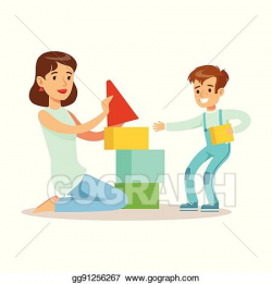 Vector Clipart - Mom playing blocks with her son, loving ...