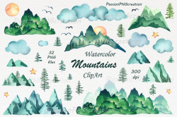 Watercolor Mountains Clipart, PNG, hand painted, Watercolour Mountain clip  art, Hills,mountain graphics, For Personal and Commercial Use