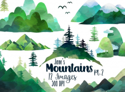 Watercolor Mountains Clipart - Mountain Download - Instant Download - Pine  Trees - Hills - Cloudy - Borders - Corners - Green