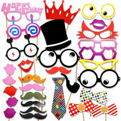 COOLOO Photo Booth Props Diy Kit For Birthday Party,Pack Of 31:Various  Colors Of Mustache,Glasses Frames,Ties,Lips,Crown,Pipe,Eyes,Hat and Happy  ...