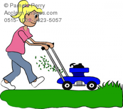 Clip Art Illustration of a Teenage Girl Mowing the Lawn