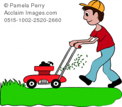 Clip Art Illustration of a Boy Cutting Grass With a Lawn Mower