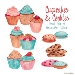 cupcake watercolor clipart, cookies graphic set, blue ...
