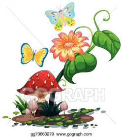 EPS Illustration - A big flower near the mushroom with two ...