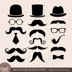 MUSTACHE Clip Art: Mustaches Clipart, Mustaches Download, Top Hat Clip Art  Eyeglasses Neck Bow Tie Black Silhouette