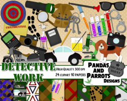 DETECTIVE WORK Clipart & Papers Kit, 24 png Cliparts, 10 jpeg Papers  Instant Download police mystery clues cop secret agent science spy