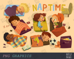 Nap Time Clipart, Kids Take Nap, Daydreaming, Kindergarten kids. Sleeping  Girl, Nap Boy, Kids PNG, Multicultural Kids, Dream in Bedroom