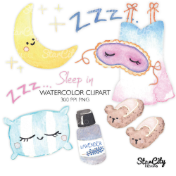 Watercolor Sleep in Clipart, Moon Clipart, Pillow Clipart, Slipper clipart,  sleep mask graphic, nap time clip art commercial use