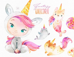 Fantasy Unicorn. Watercolor magic clipart, cat, caticorn, mermaid, narwhal,  pink, fairytale, girl, animals, candy, kid, nursery, baby-shower