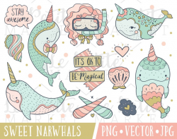 Sweet Narwhal Clipart Images, Narwhal Clip Art Illustrations, Digital  Narwhal Stickers, Nursery Clipart, Clip Art for Girls, Pink Mint Gold