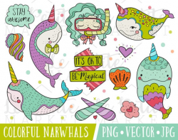Narwhal Illustration Set, Cute Narwhal Clipart Set, Colorful Narwhal  Nautical Marine Animals Clip Art Images, Commercial Use Illustration