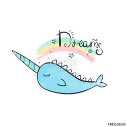 Magic narwhal. A whale with a horn. Watercolor illustration ...