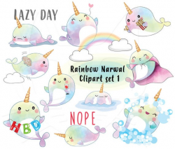 Rainbow Narwhal clipart set 1 instant download PNG file - 300 dpi