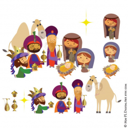 Christmas Nativity Clipart Scene includes Three Wise Men, Mary, Joseph,  Baby Jesus Christ, Camel, Bethlehem Star - Cute Clip Art 10520
