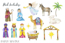 Watercolor Nativity Clipart | Christmas Nativity - Holiday Clipart -  Nativity with baby Jesus, Mary, Manger, wise men and angel