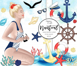 Nautical Clipart Watercolor, Beach Fashion Clipart, Sailor ...
